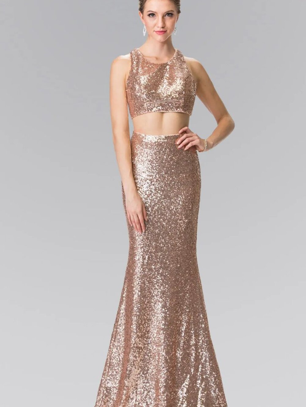 NEW ROSE GOLD Sequin Prom Gown Floor Length Formal Elegant GL2333